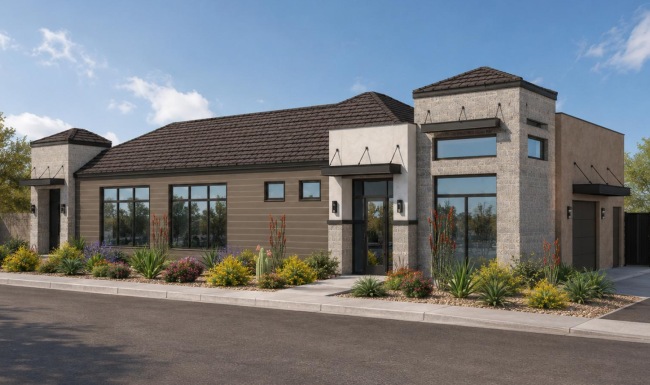a building with a road in front