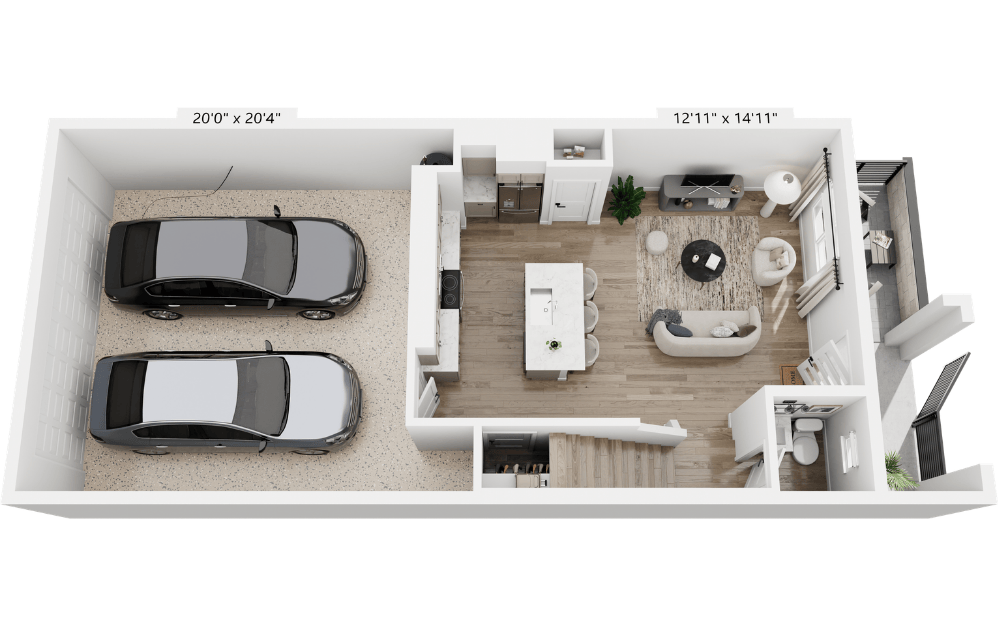 Agave - 2 bedroom floorplan layout with 2.5 bathrooms and 1261 square feet (Level 1, 3D)