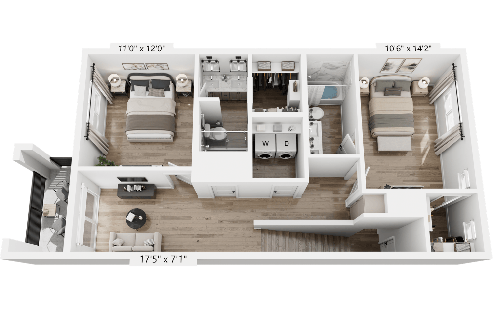 Agave - 2 bedroom floorplan layout with 2.5 bathrooms and 1261 square feet (Level 2, 3D)
