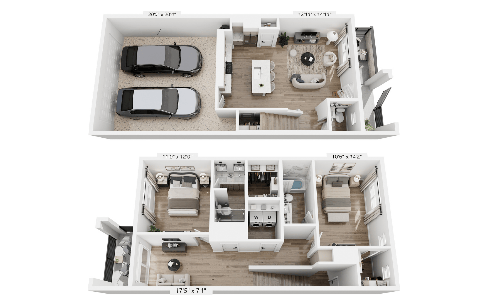 Agave - 2 bedroom floorplan layout with 2.5 bathrooms and 1261 square feet