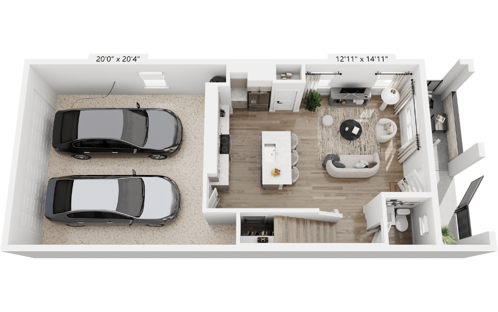 Ocotillo - 3 bedroom floorplan layout with 2.5 bathrooms and 1412 square feet (Level 1, 3D)