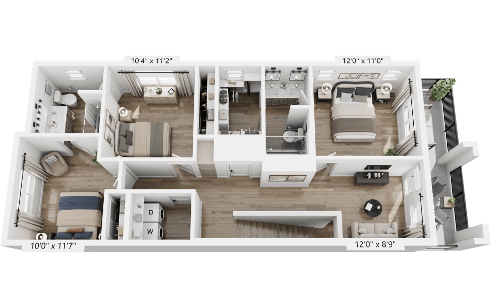 Ocotillo - 3 bedroom floorplan layout with 2.5 bathrooms and 1412 square feet (Level 2, 3D)