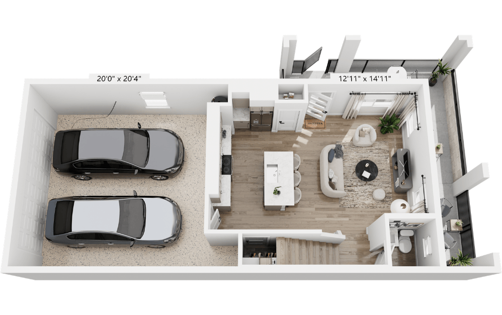 Palo Verde - 3 bedroom floorplan layout with 2.5 bathrooms and 1412 square feet (Level 1, 3D)