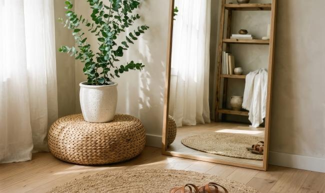 a room with a plant and a mirror